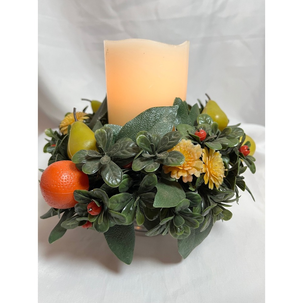 MCM Faux‎ Fruit Floral Candle Ring Centerpiece Silver Metal Pedestal Base